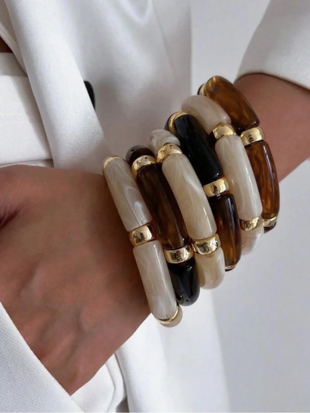 6pc Chunky Marbled Resin Bangle Set-Tortoise & Cream Gold-Tone Bracelet Stack